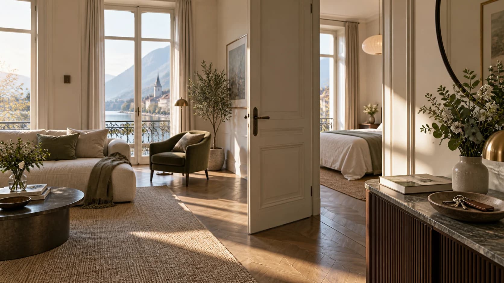 Appartement lumineux préparé pour l'arrivée de voyageurs, face au lac d'Annecy