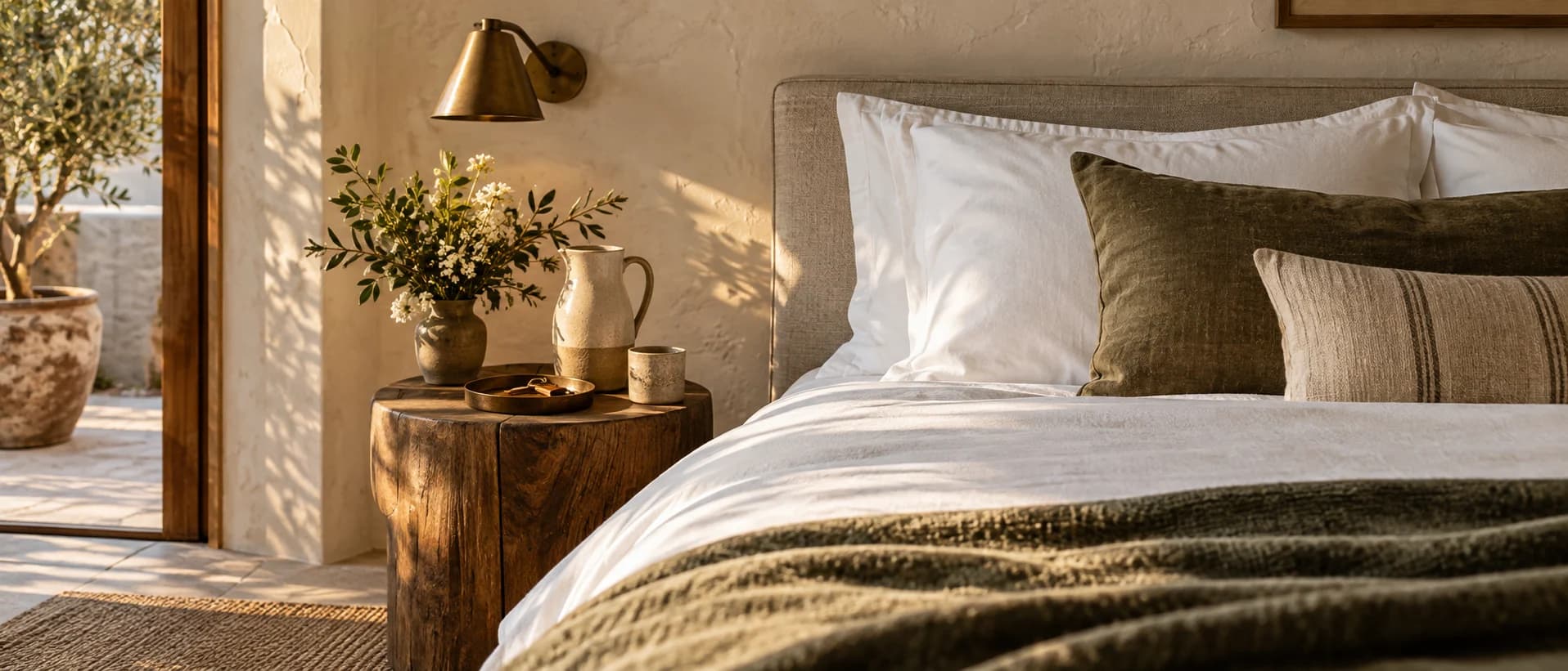 Chambre soigneusement préparée avec linge frais, carafe et clés